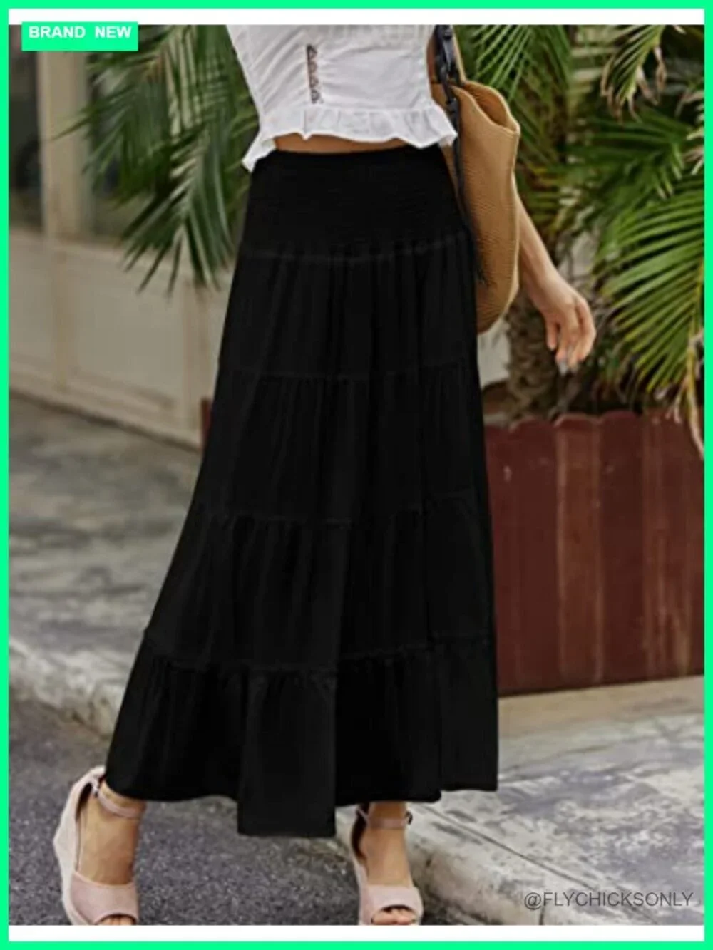Women's Tiered Elastic High Waist Boho Maxi Skirt Double Layered A-Line Casual